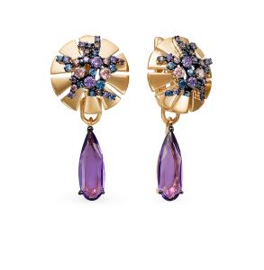 золотые серьги с аметистом и фианитами