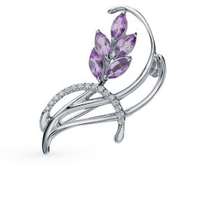 серебряная брошь с аметистом и фианитами