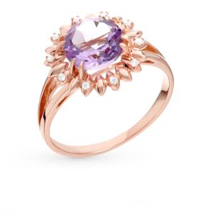 золотое кольцо с аметистом и фианитами