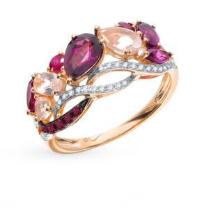 золотое кольцо с рубинами, гранатом и бриллиантами