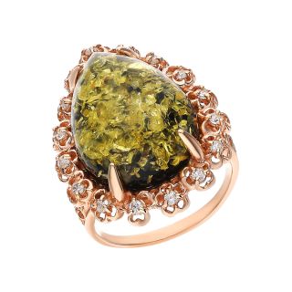 Серебряное кольцо с фианитами и янтарем 820251п: розовое серебро, янтарь, фианит — купить в интернет-магазине SUNLIGHT, фото, артикул 131017