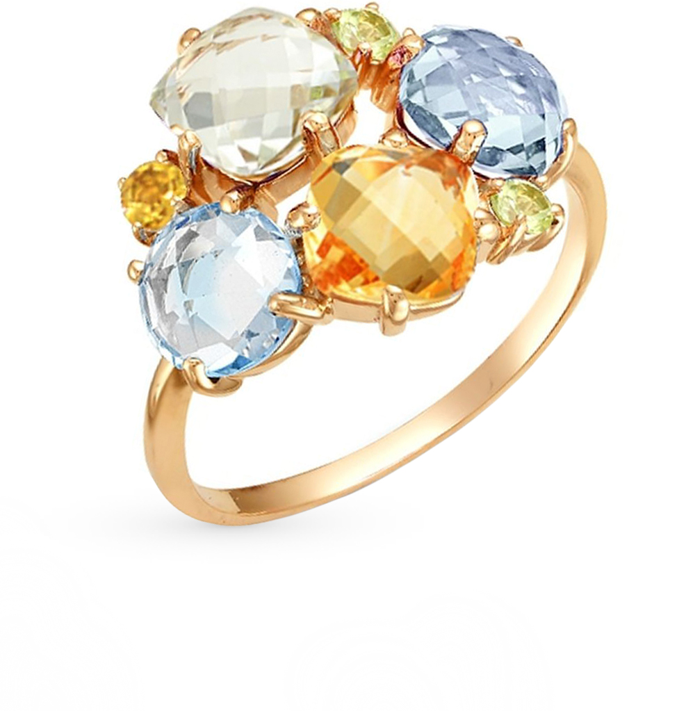 Фото «Золотое кольцо с цитринами, топазами, аметистом и хризолитом»