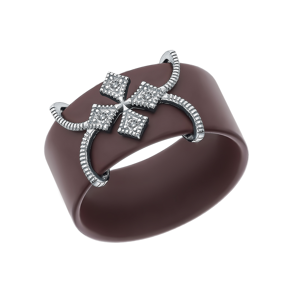 Керамическое кольцо с кубическим цирконием и серебряной вставкой в Новосибирске