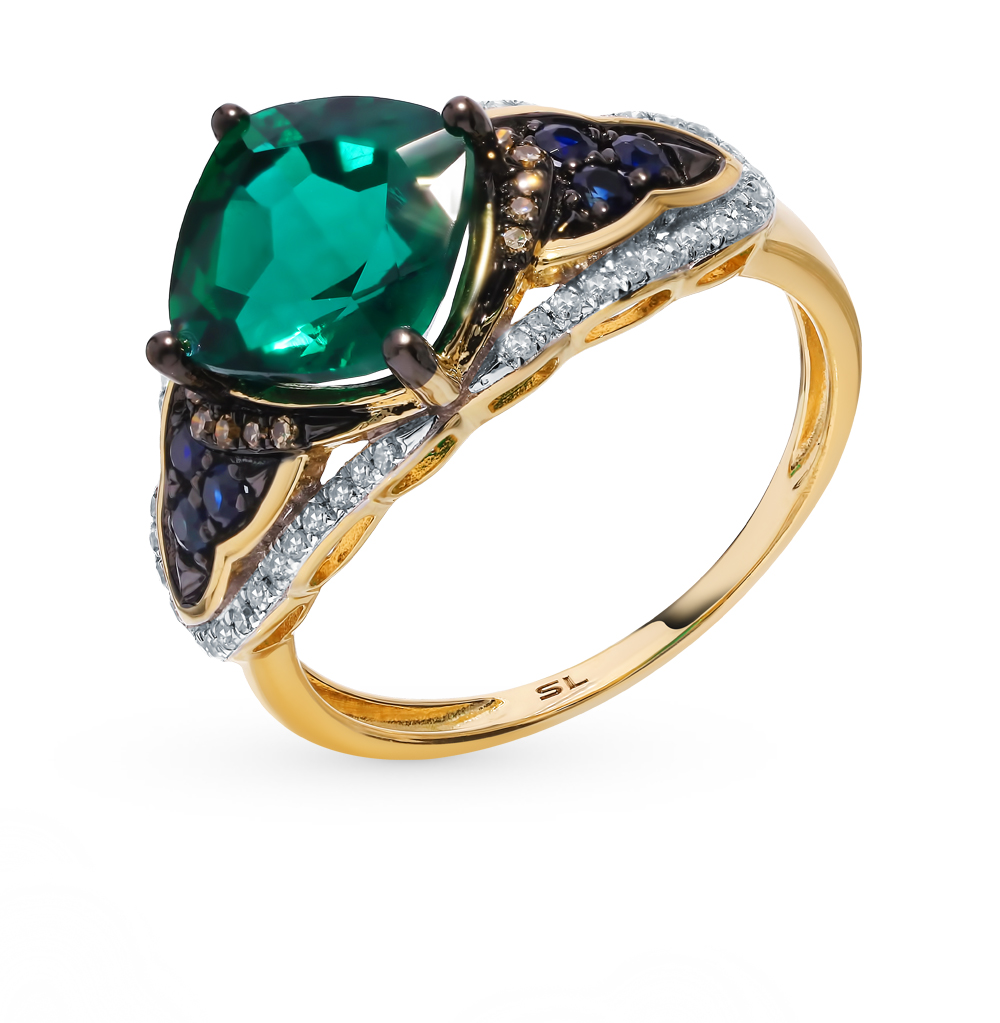 Золотое кольцо с изумрудами, сапфирами и бриллиантами в Самаре