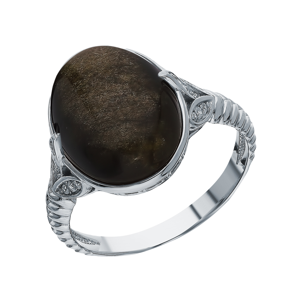 Серебряное кольцо с фианитами и обсидианом в Самаре