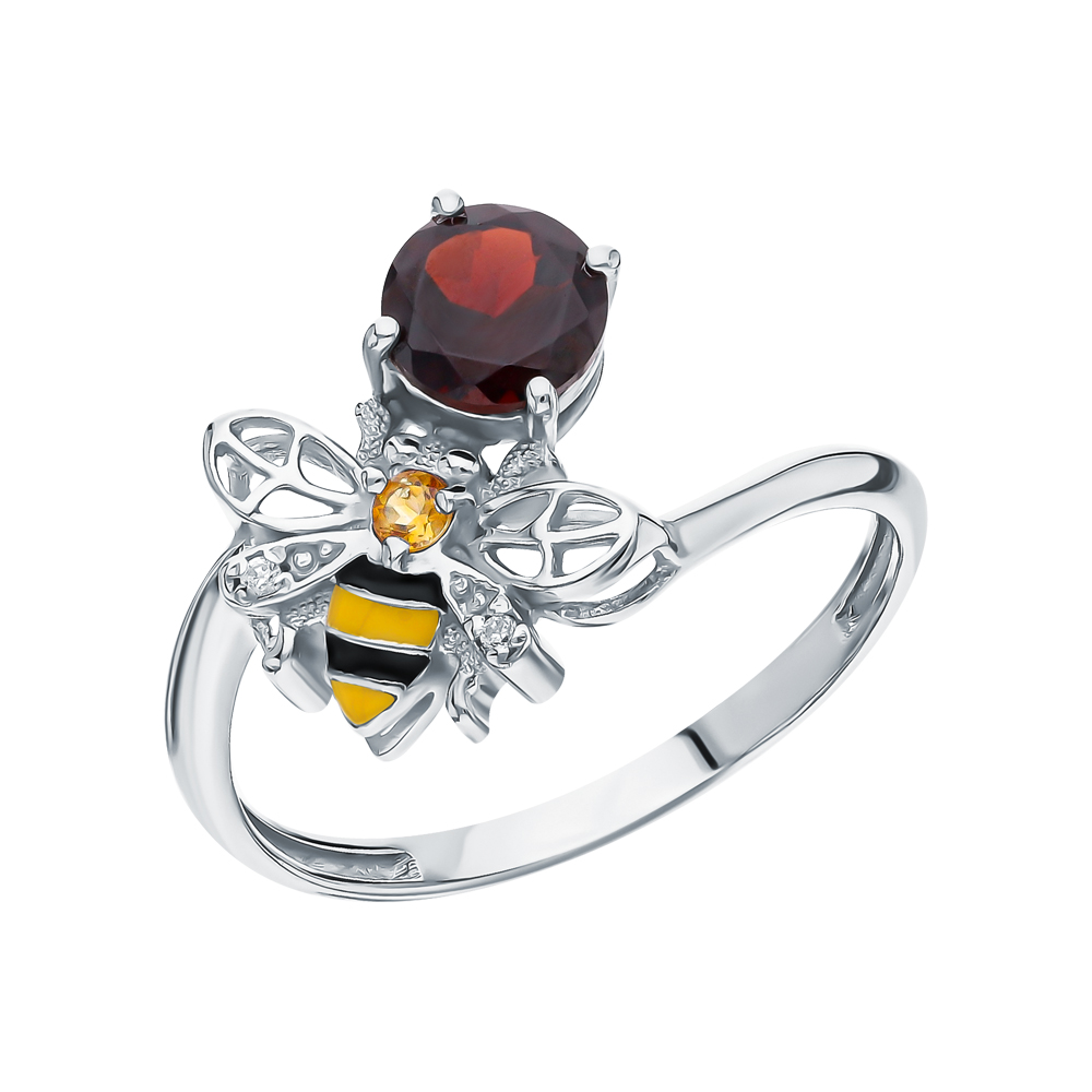 Фото «Серебряное кольцо с эмалью, цитринами, гранатом и фианитами»