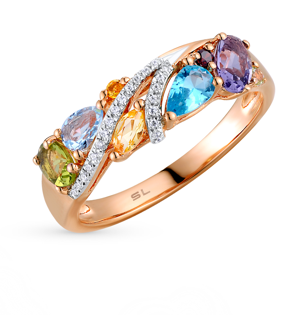 Золотое кольцо с цитринами, гранатом, топазами, аметистом, хризолитом и бриллиантами в Краснодаре