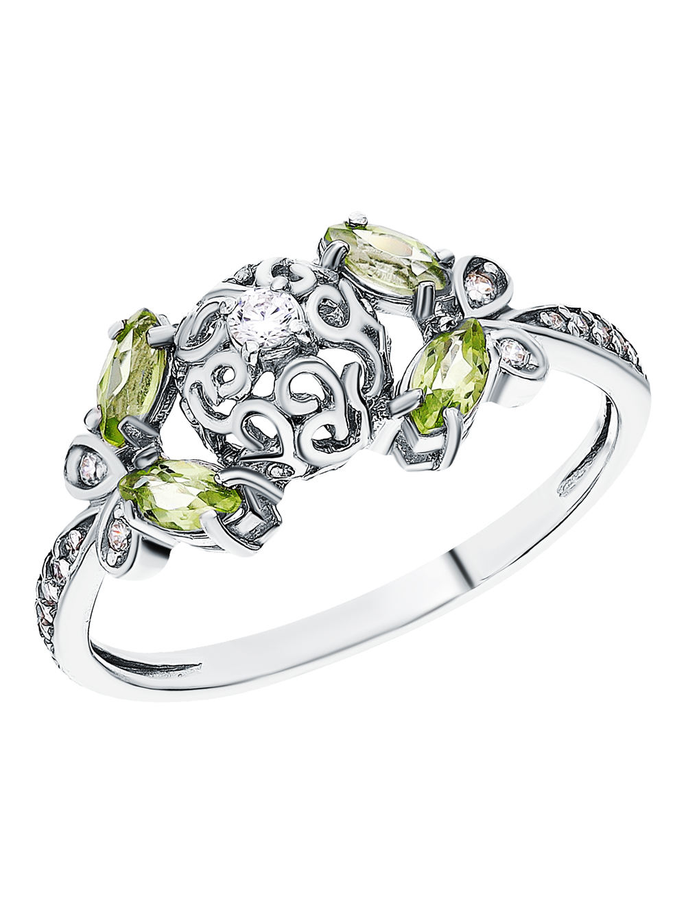 Фото «Серебряное кольцо с кубическим цирконием и хризолитом»