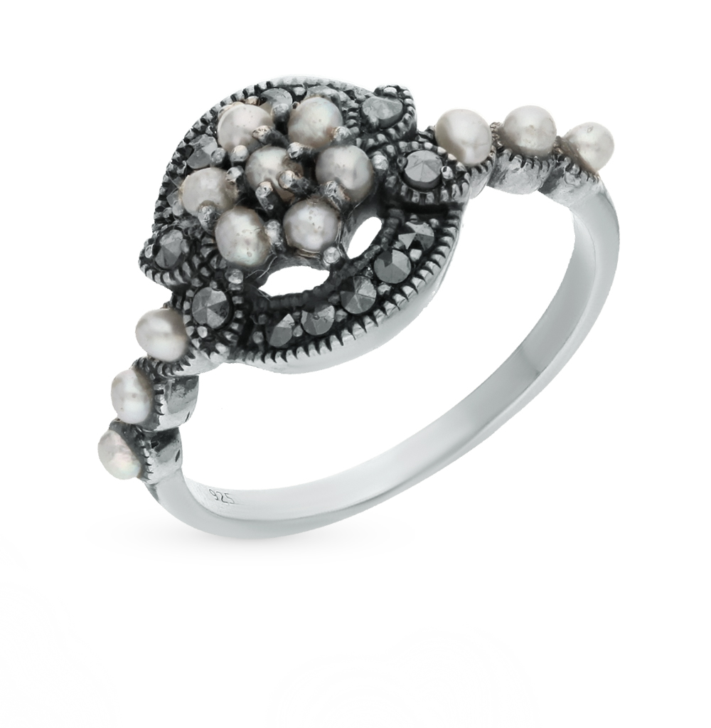 Серебряное кольцо с жемчугом и марказитами в Краснодаре