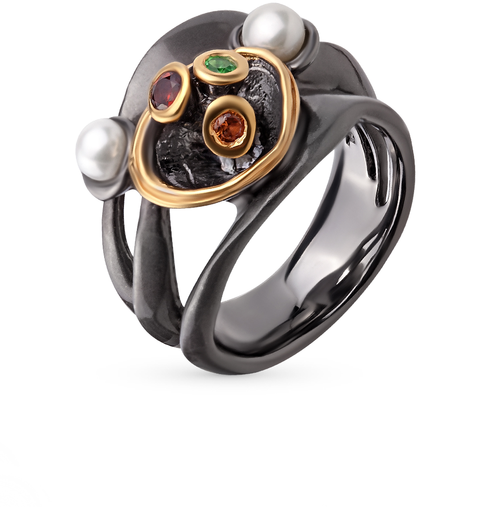 Фото «Серебряное кольцо с жемчугом, гранатом и сапфирами»