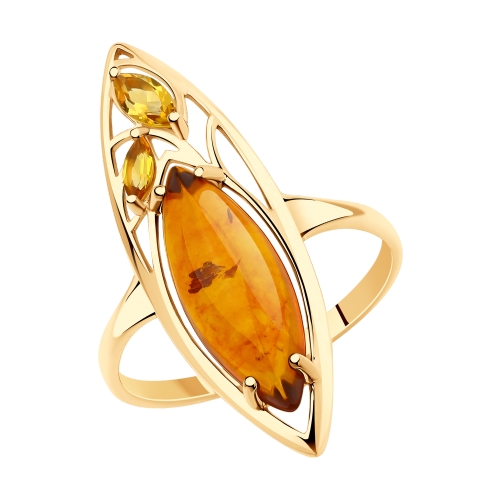 Фото «Золотое кольцо с янтарем и цитринами SOKOLOV 715896»