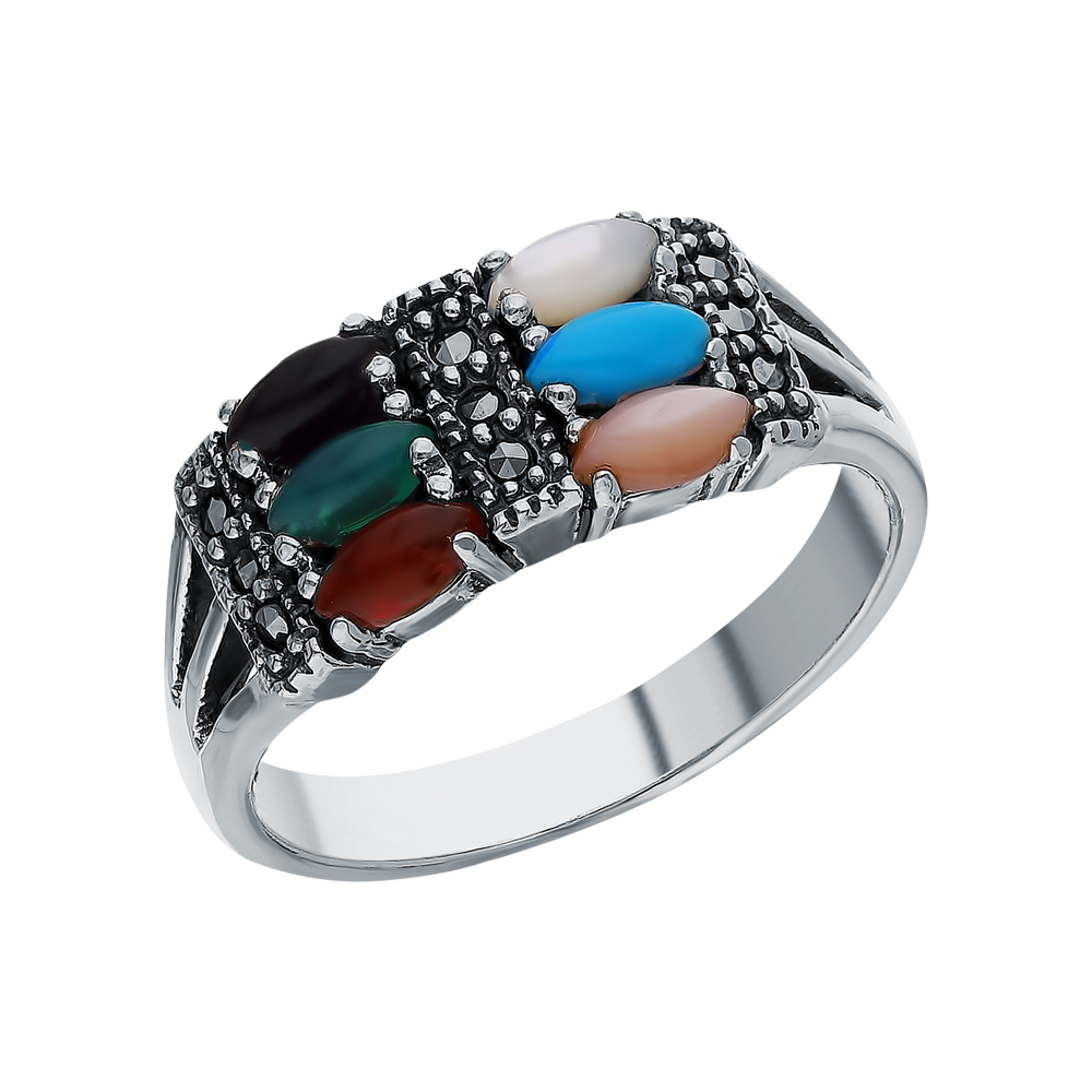 Фото «Серебряное кольцо с перламутром, бирюзой, ониксом, сердоликом, хризопразами и марказитами swarovski»