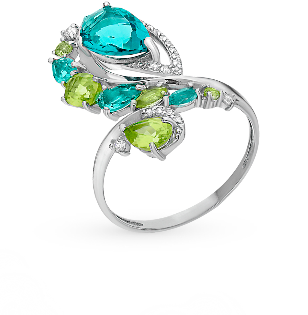 Фото «Серебряное кольцо с фианитами, хризолитом и параиба ситал»