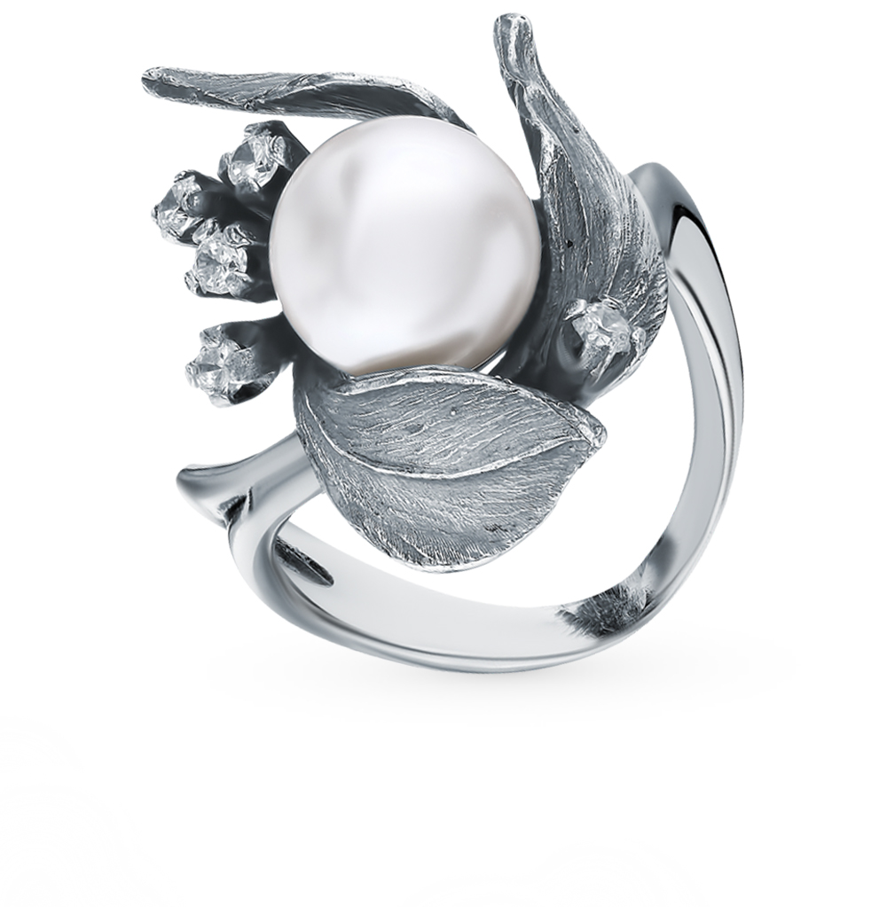 Серебряное кольцо с жемчугом и фианитами в Новосибирске