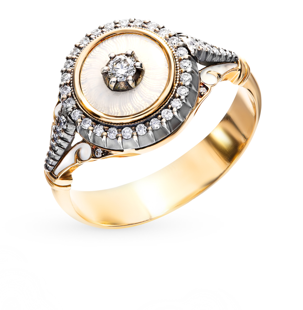 Фото «Золотое кольцо с эмалью, серебряной вставкой и бриллиантами»