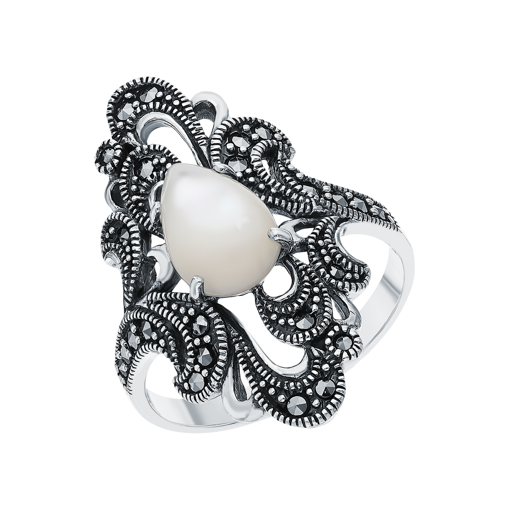 Фото «Серебряное кольцо с перламутром и марказитами swarovski»