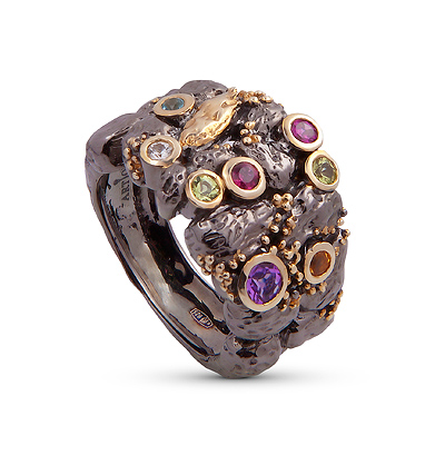 Фото «Серебряное кольцо с цитринами, гранатом, топазами, аметистом, хризолитом и родолитами»