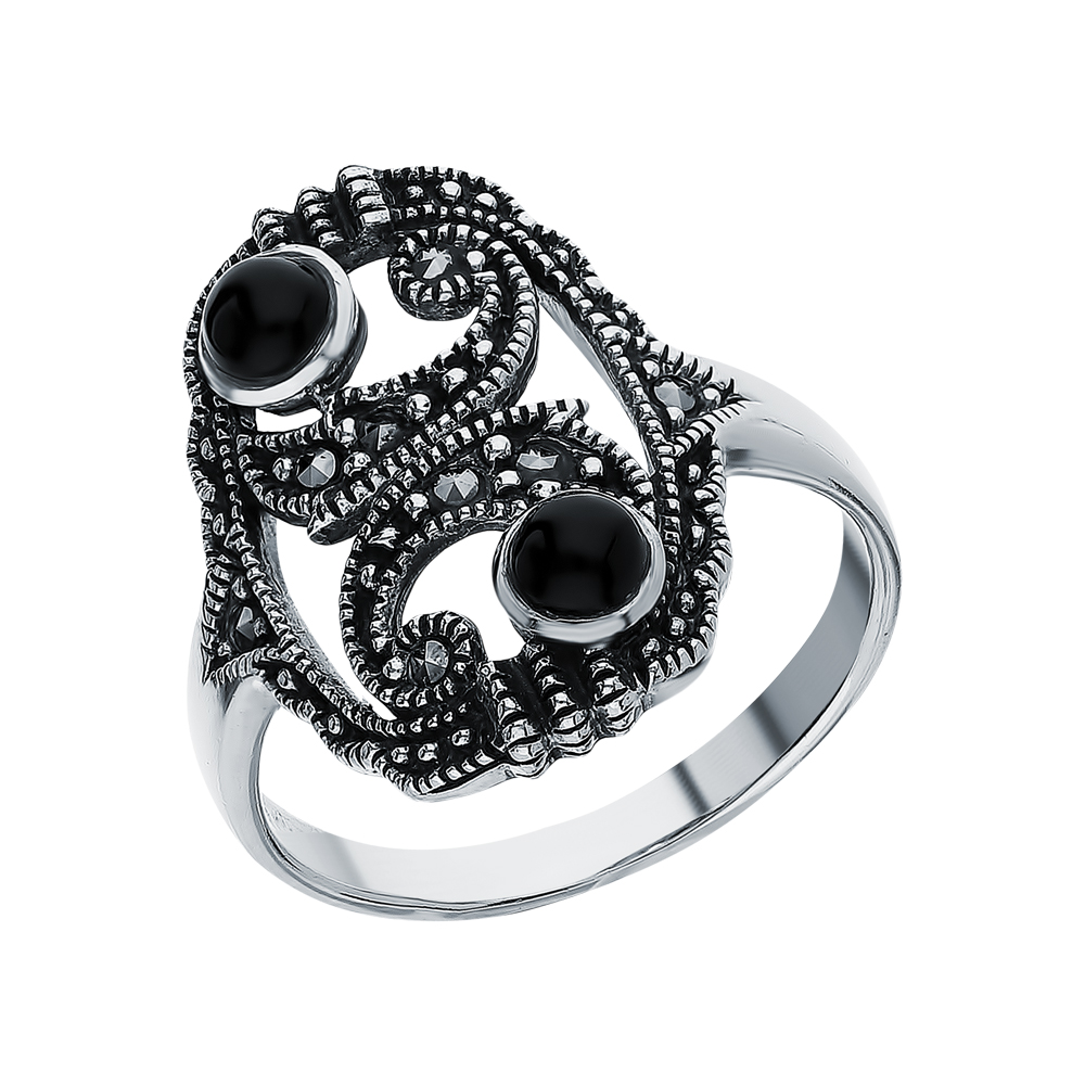 Серебряное кольцо с ониксом и марказитами swarovski в Екатеринбурге