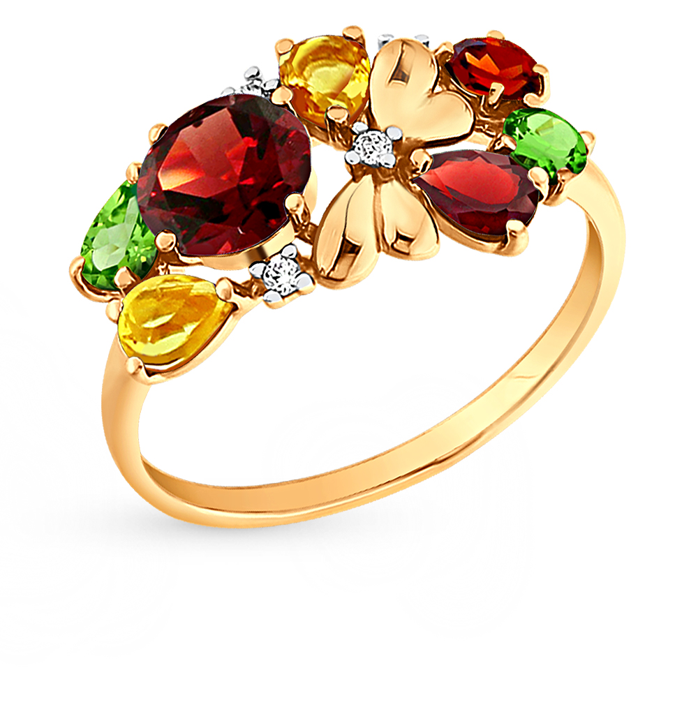 Фото «Золотое кольцо с цитринами, гранатом, фианитами и хризолитом SOKOLOV 712392»