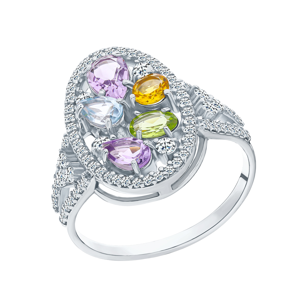 Фото «Серебряное кольцо с кубическим цирконием, цитринами, топазами, аметистом и хризолитом»