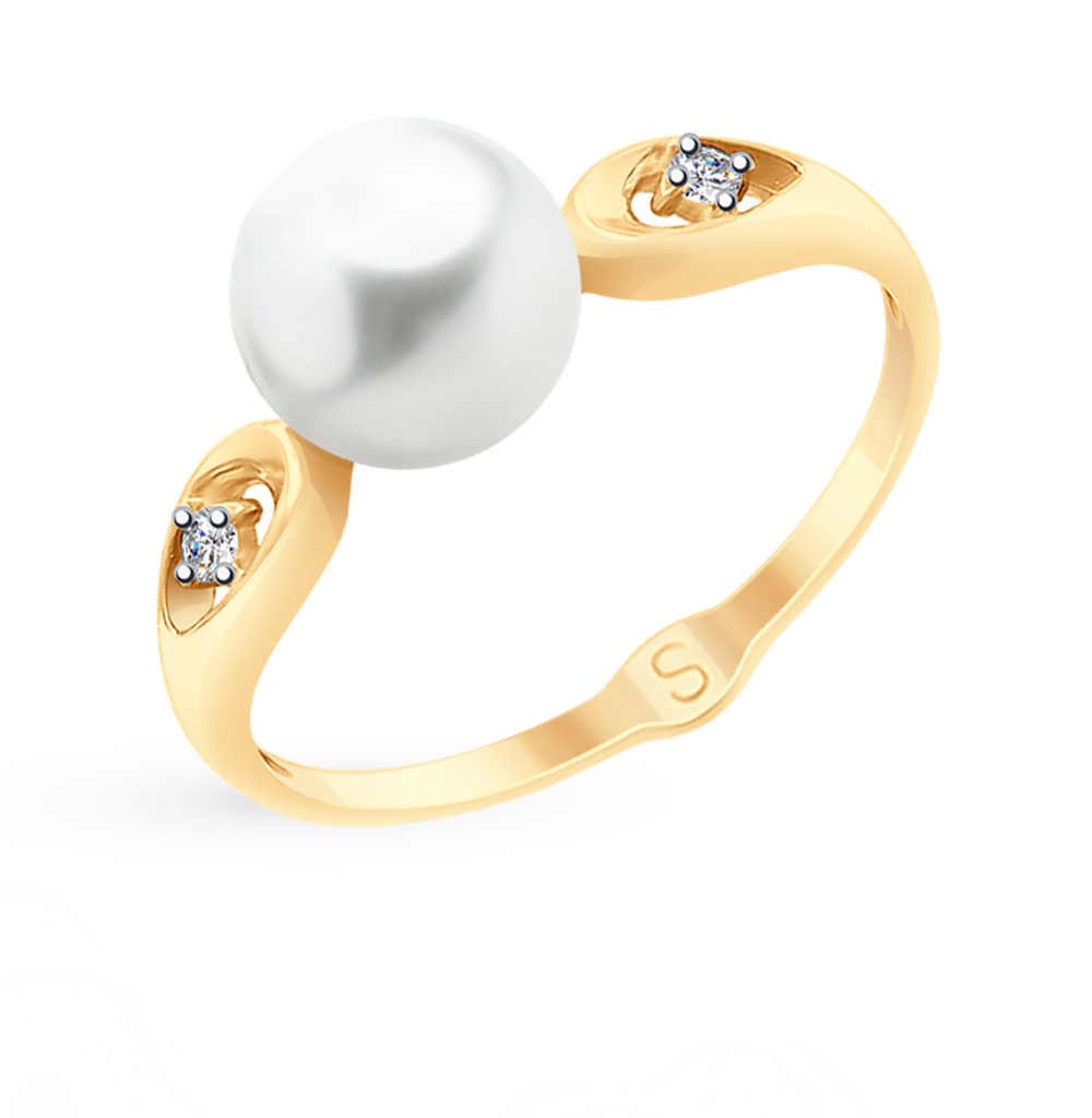 Золотое кольцо с жемчугом и фианитами в Самаре