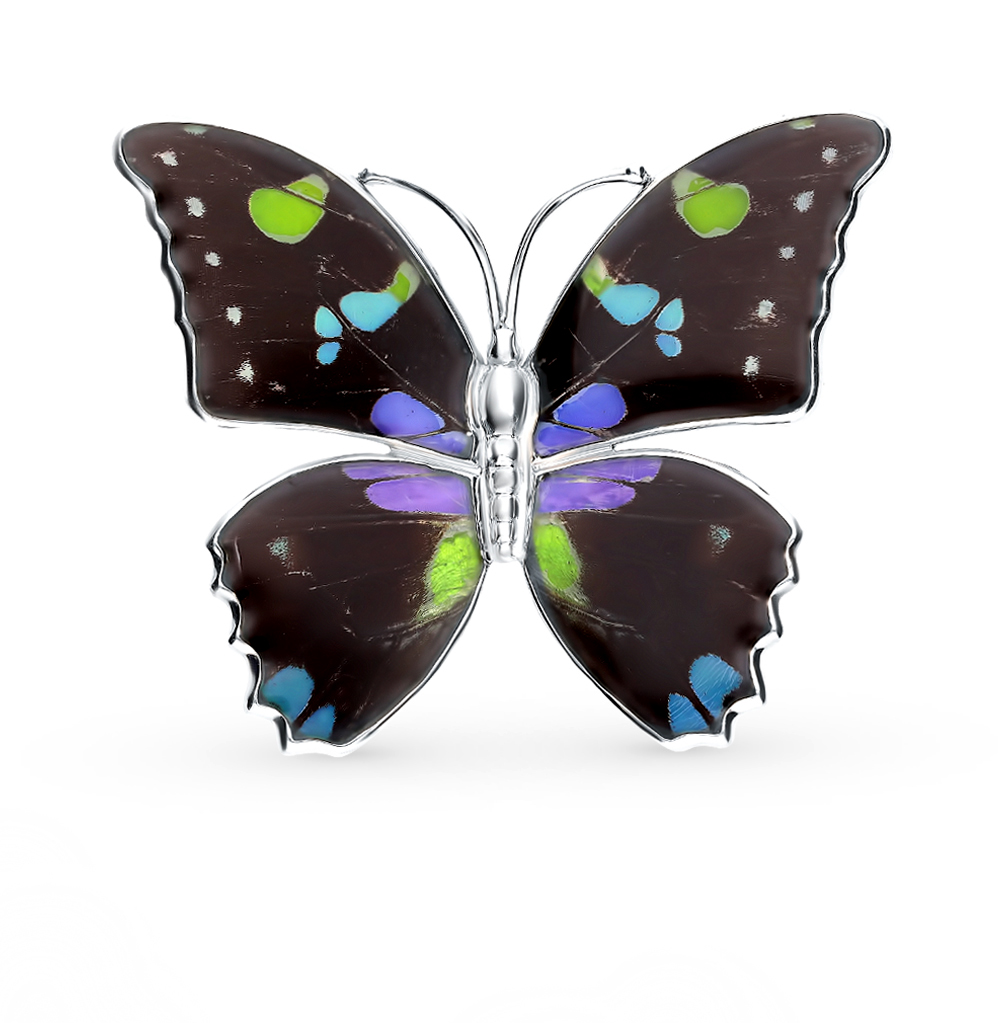 Фото «Серебряная брошь с фианитами, эмалью и крыльями бабочки, 5 см»