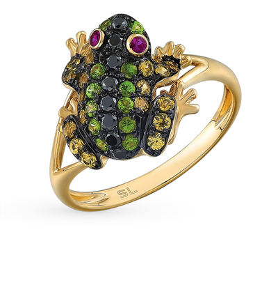 Фото «Золотое кольцо с гранатом, сапфирами, рубинами и черными бриллиантами»
