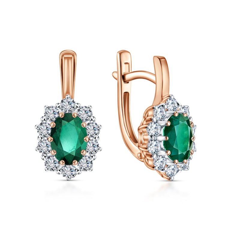 Золотые серьги с бриллиантами природными и изумрудами природными